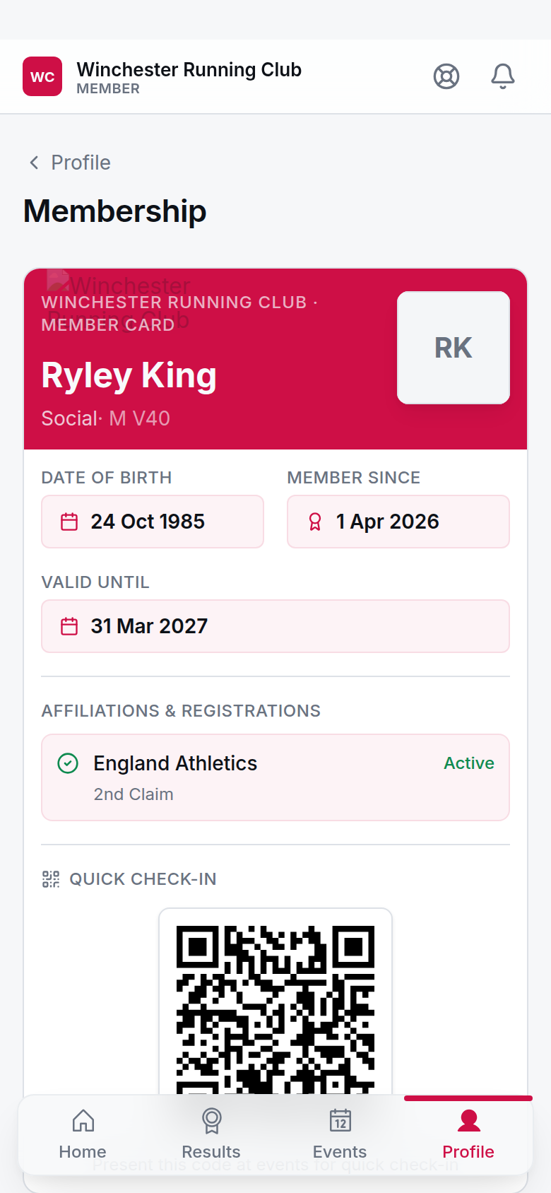 Profile → Membership, phone width