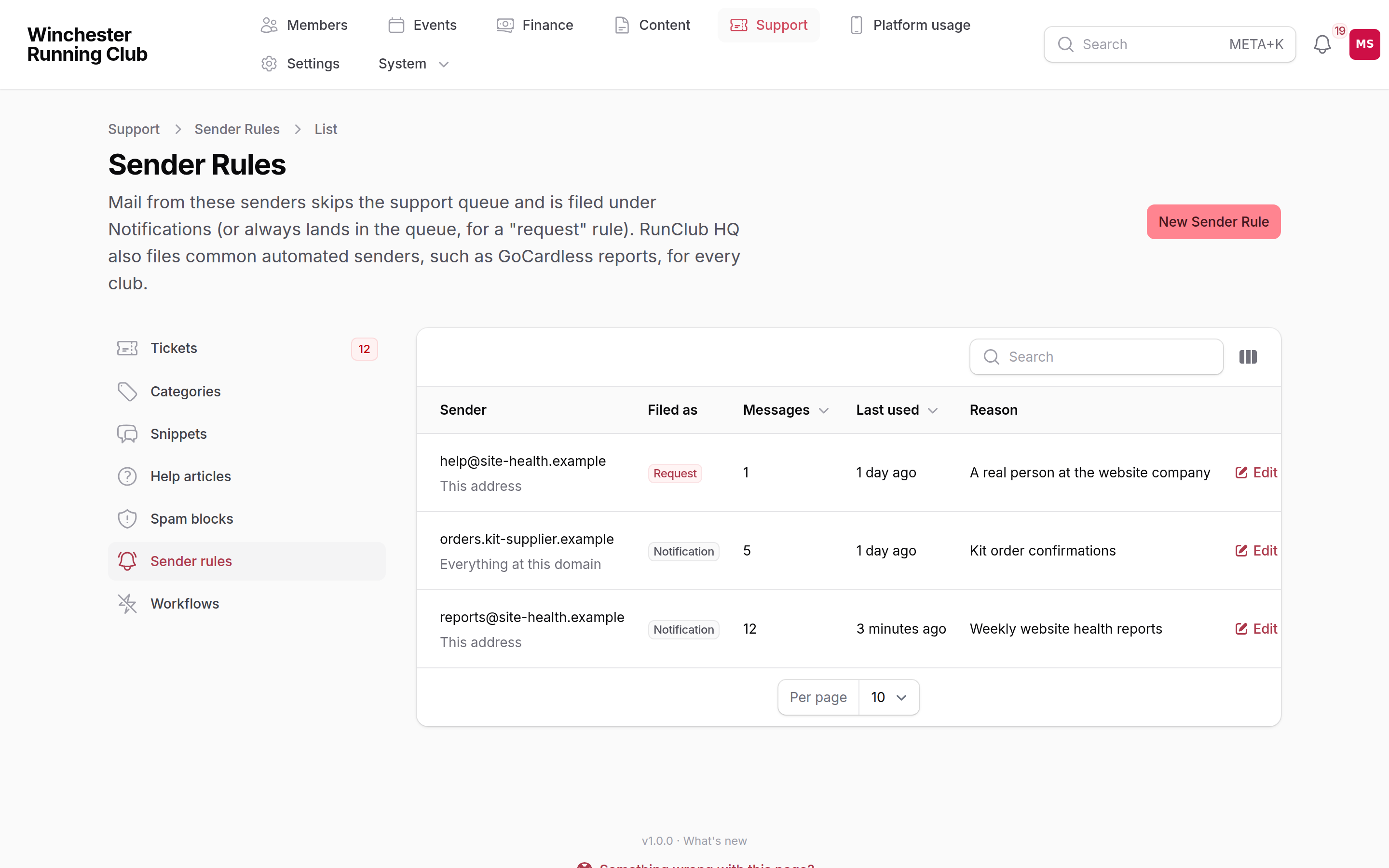 Support → Sender rules, listing each sender, what its mail is filed as and how often the rule has been used