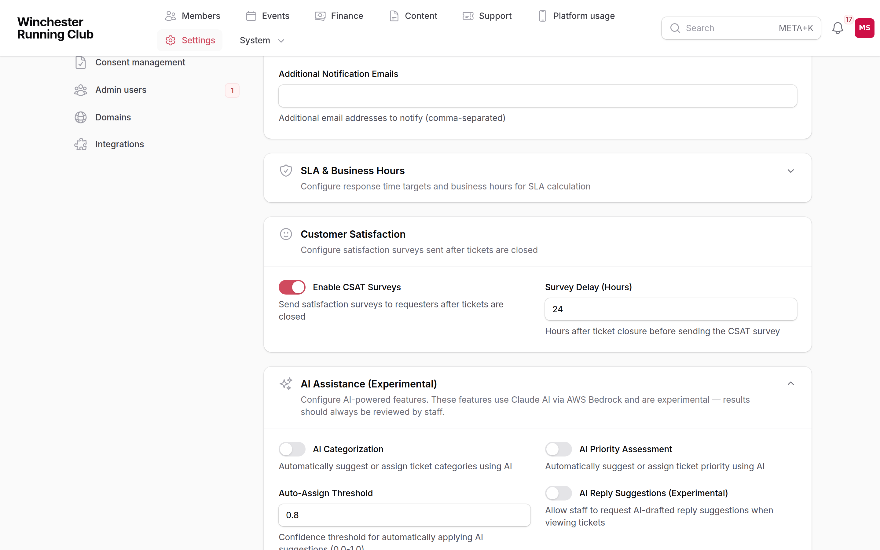Settings → Support Tickets, with the AI Assistance section open