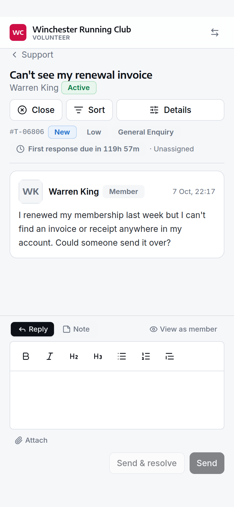 A ticket's conversation thread with the reply composer and its Draft, Review and Canned tools