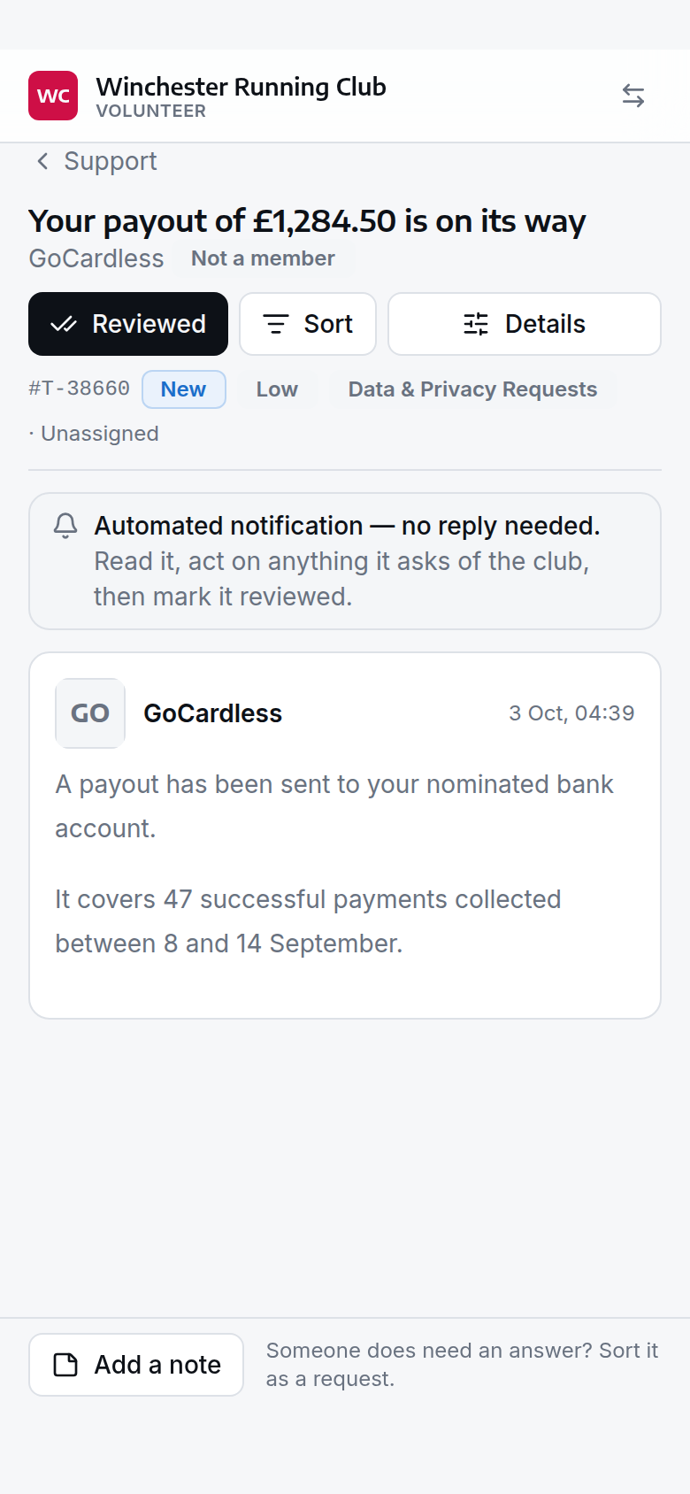 An automated notification in the console, with the no-reply-needed note and the Reviewed button