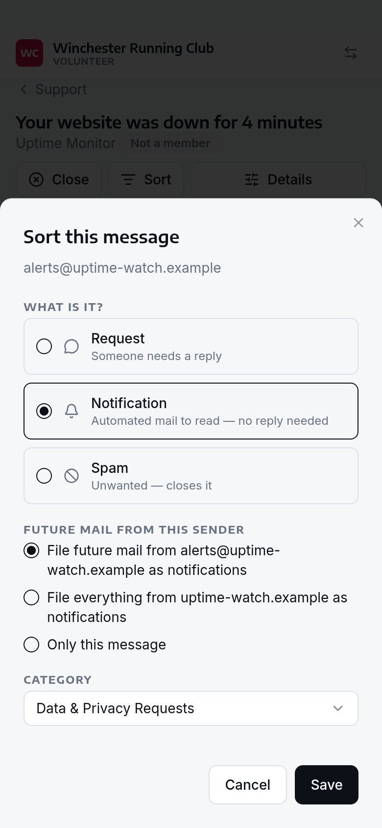 The Sort sheet with Notification chosen, offering to file future mail by address or by domain