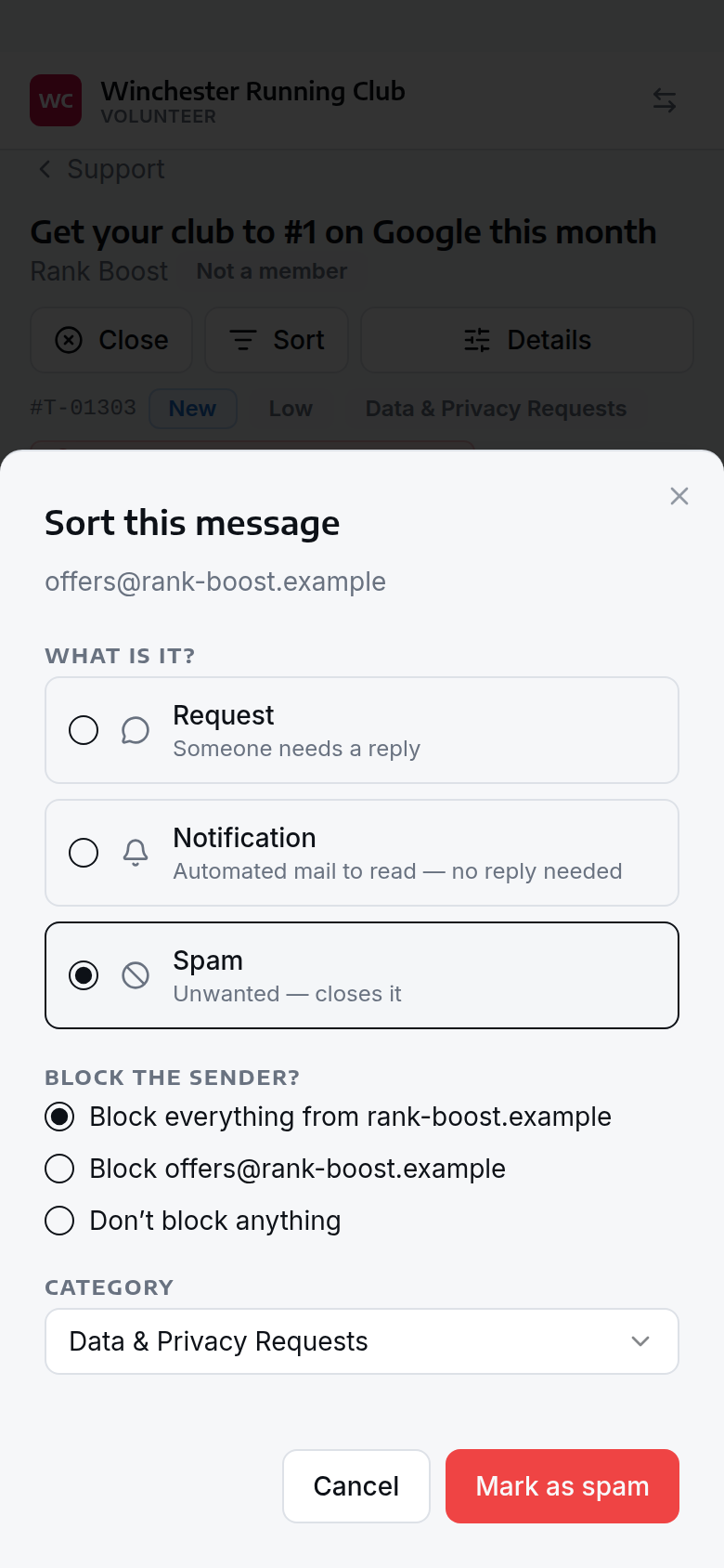 The Sort sheet with Spam chosen, offering to block the domain, the address only, or nothing