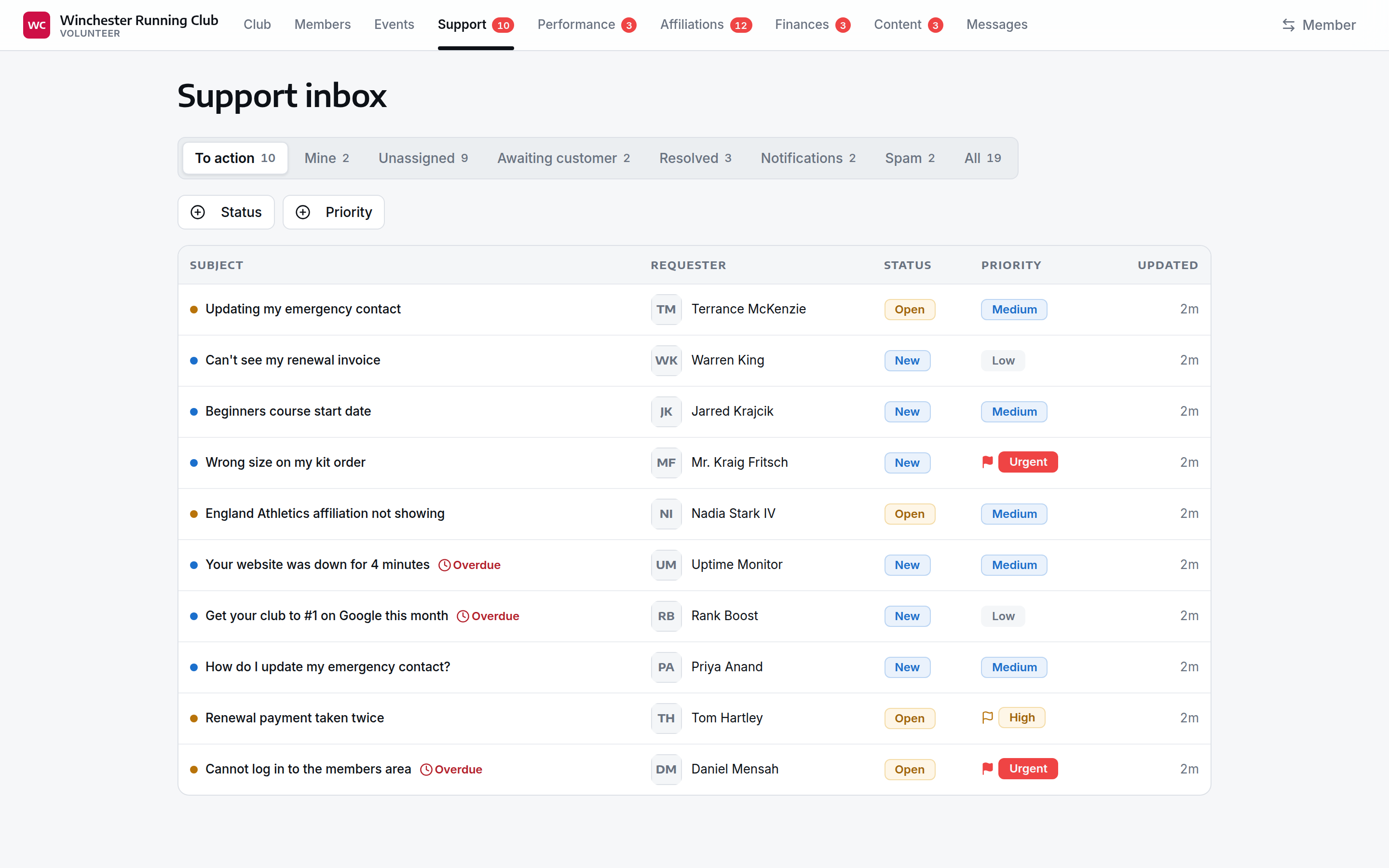 The same inbox at desktop width, with all eight views across the top