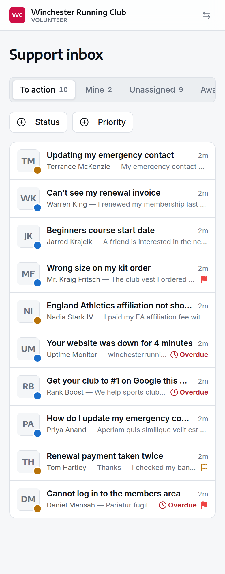 The volunteer console's Support tab, open on the To action view
