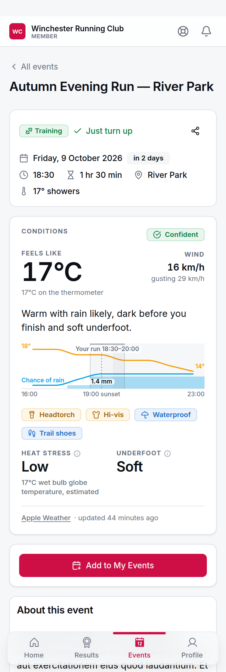 The conditions panel on an event in the member app — a one-sentence verdict, kit chips for a headtorch, hi-vis, a waterproof and trail shoes, the hours of the session with the dark part shaded, the figures behind the verdict, and the weather attribution