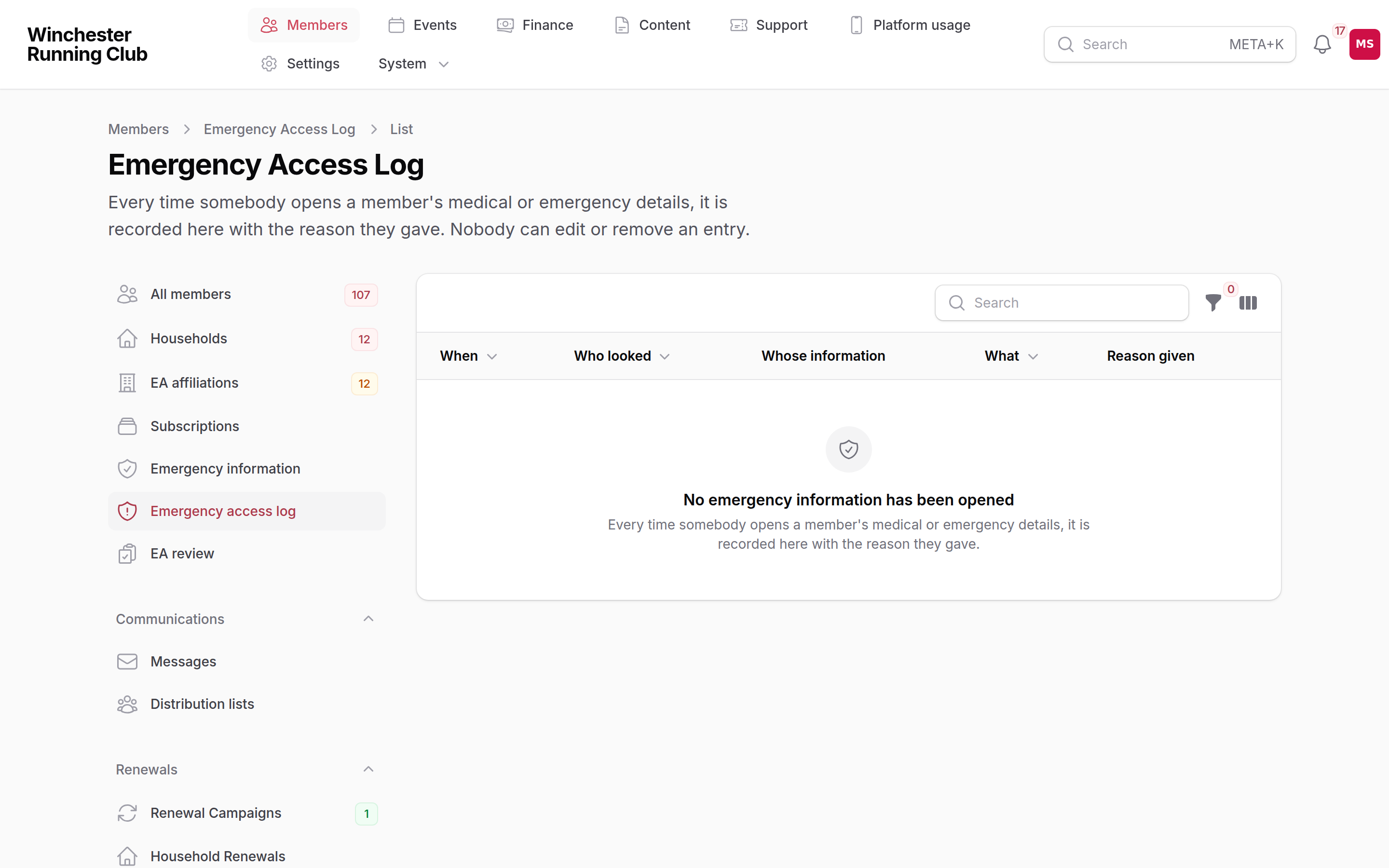Members → Emergency Access Log in the admin panel, listing who opened a member's information, when and why