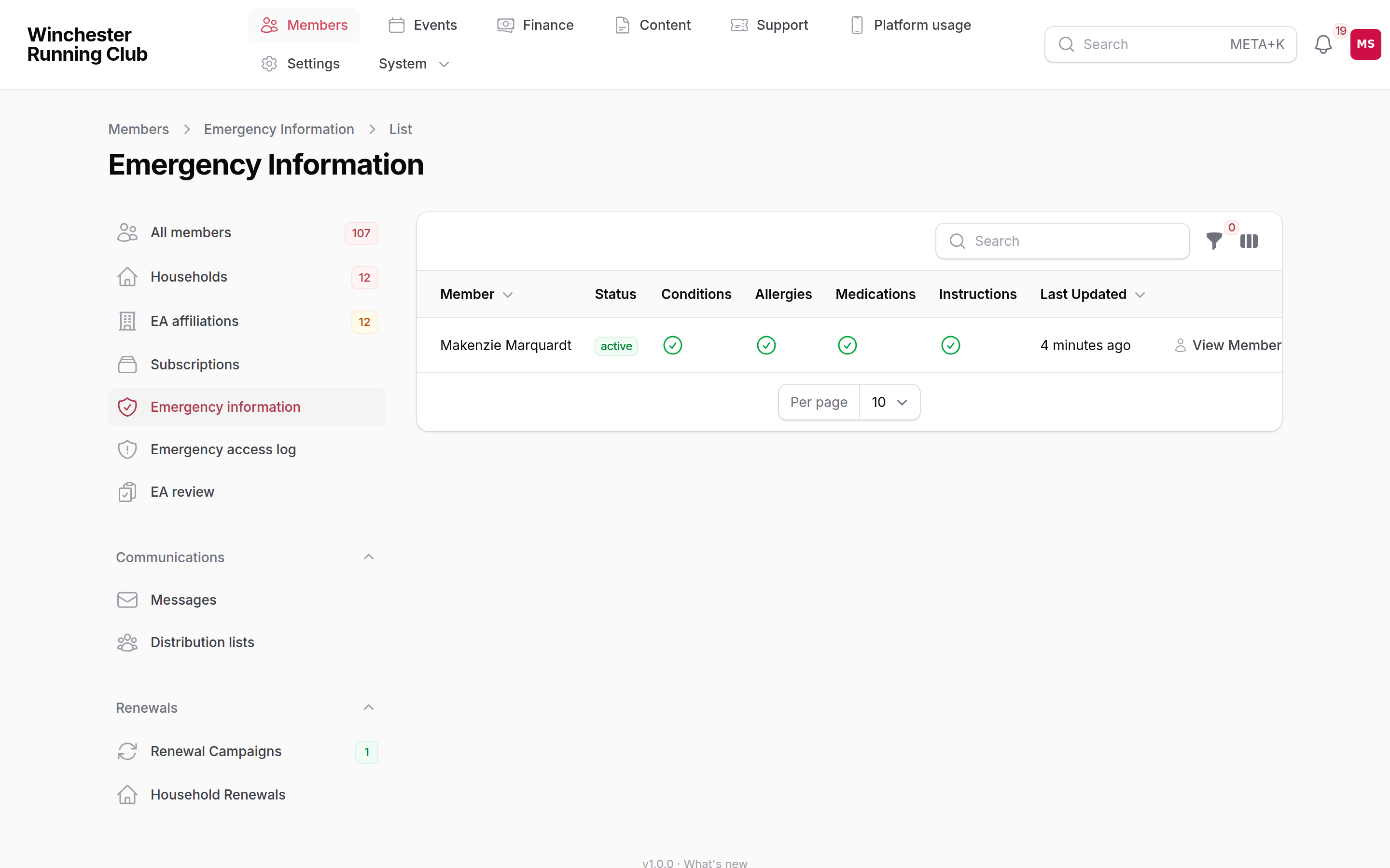 Members → Emergency Information in the admin panel, showing which members have a record and how recently it was updated