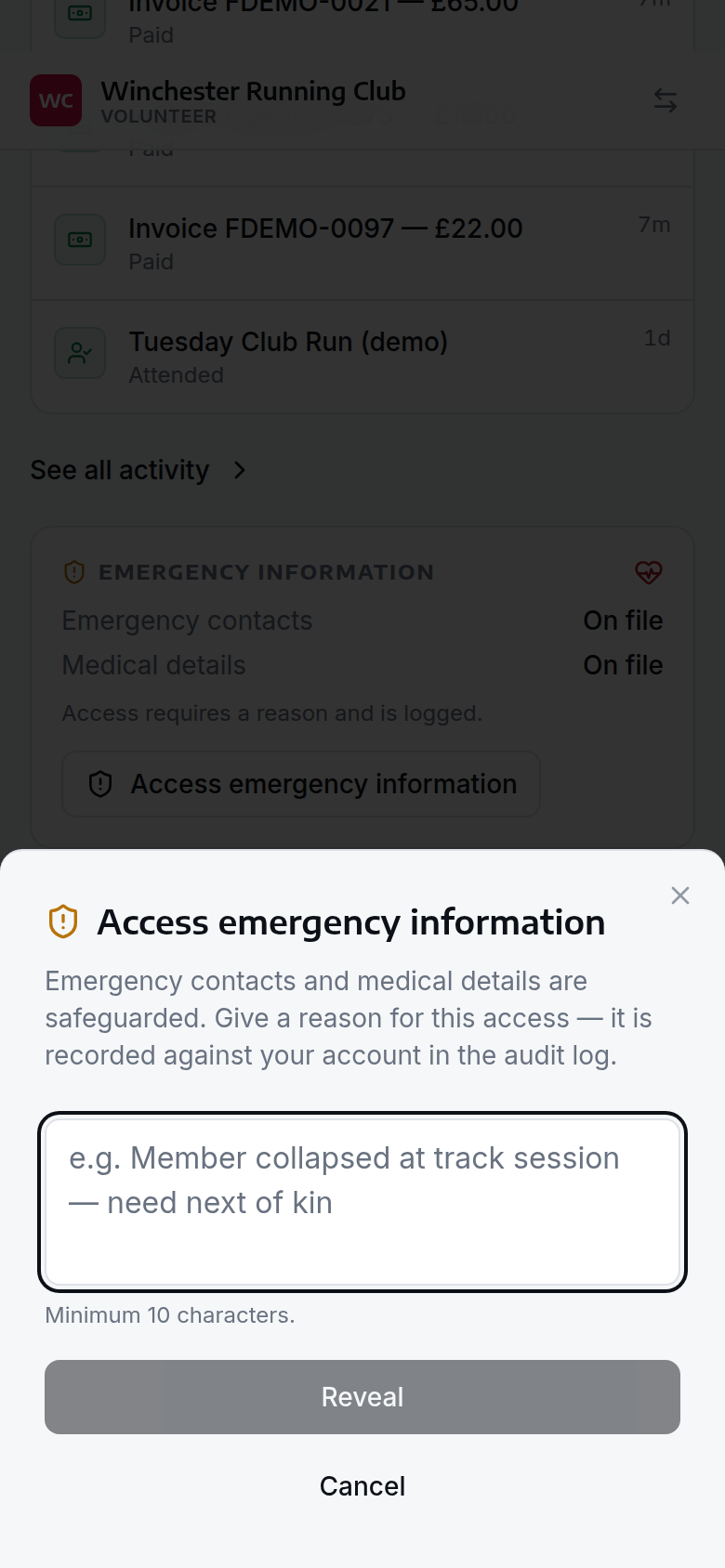 The console member card mid break-glass reveal, with the reason prompt for accessing emergency information
